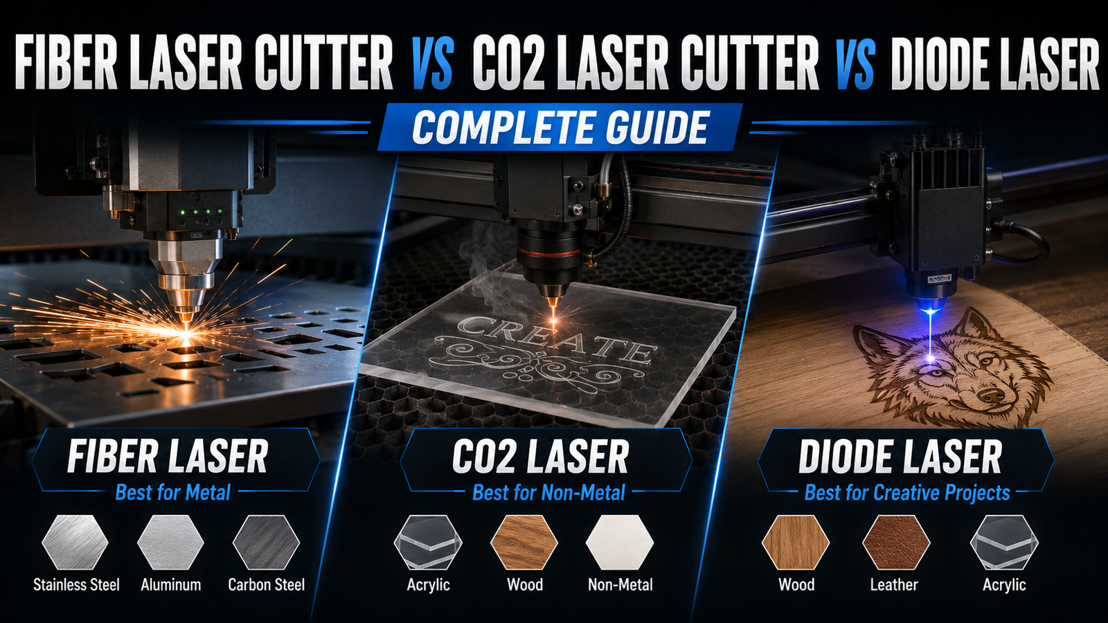 Fiber Laser Cutter vs CO2 Laser Cutter vs Diode Laser: Complete Guide