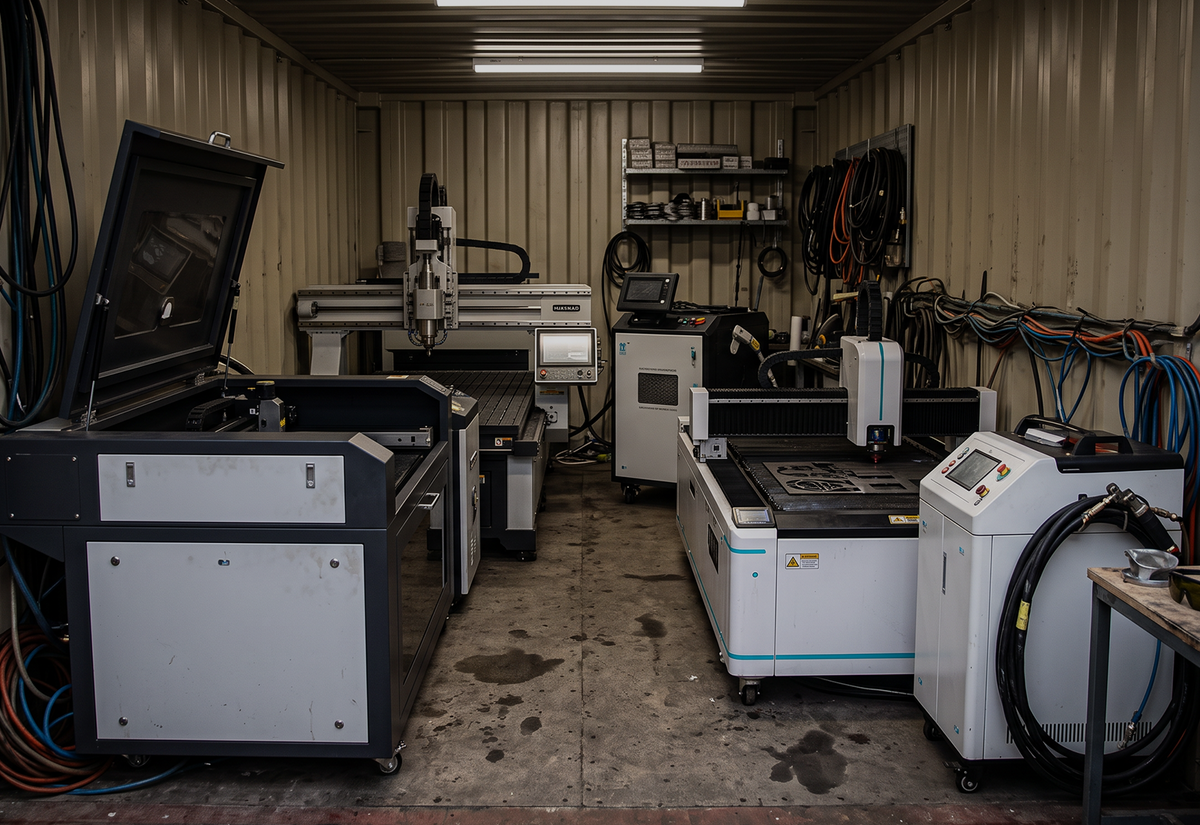 Four separate machines on a workshop floor